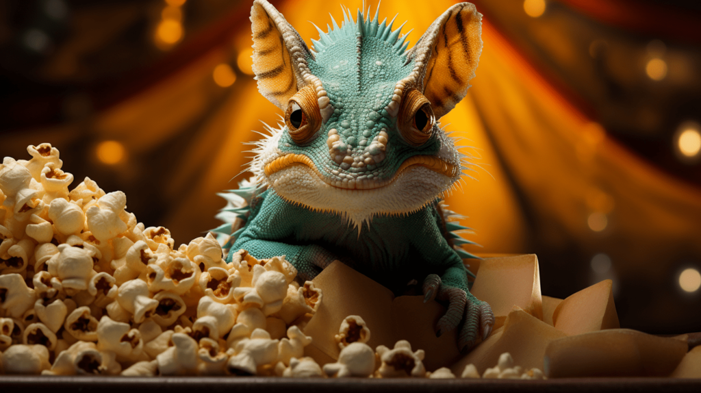 chameleon surrounded by popcorns