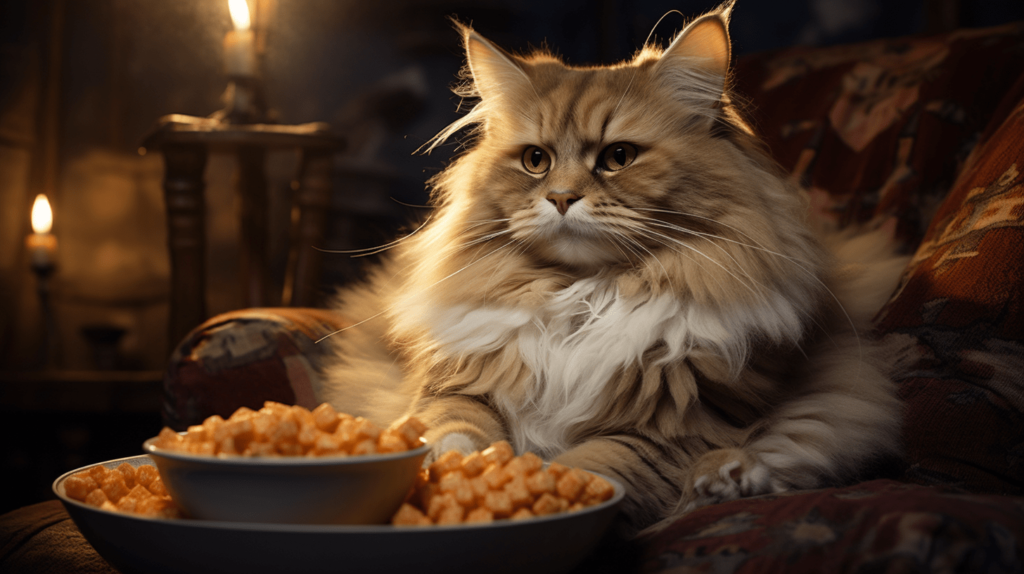 fluffy cat with popcorn